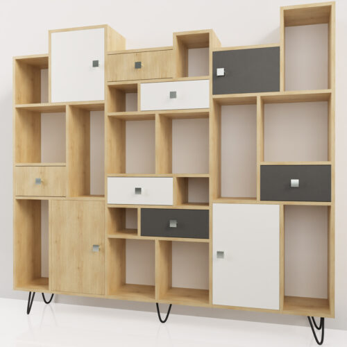 Bibliothèque destructurée, bois, blanc, bleu <br> 180x200x30cm - Tikideco