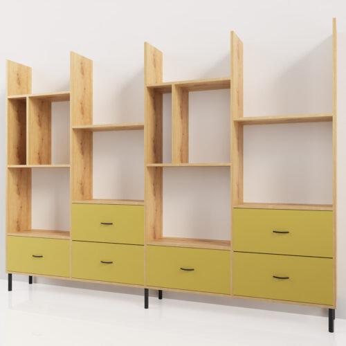 Bibliothèque jaune, destructurée, en bois <br> 260x180x30cm - Tikideco