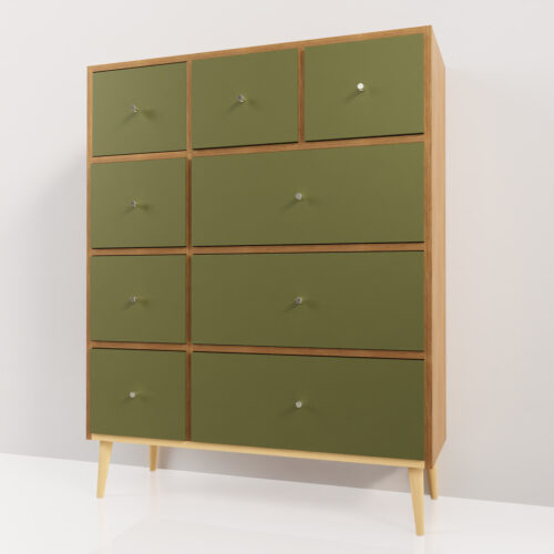 Commode verte kaki et bois sur pieds <br> 100x110x35cm - Tikideco