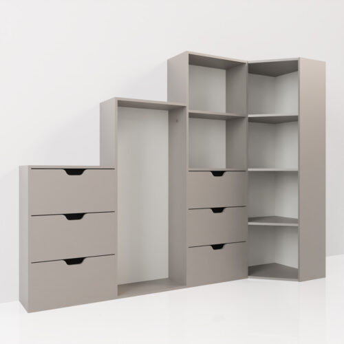 Dressing en angle, étagères et tiroirs <br> 234x60x180cm - Tikideco