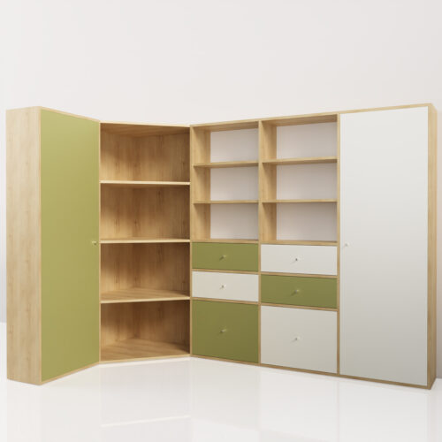 Meuble d'angle design, gris et blanc, en bois <br> 254x138x180cm - Tikideco