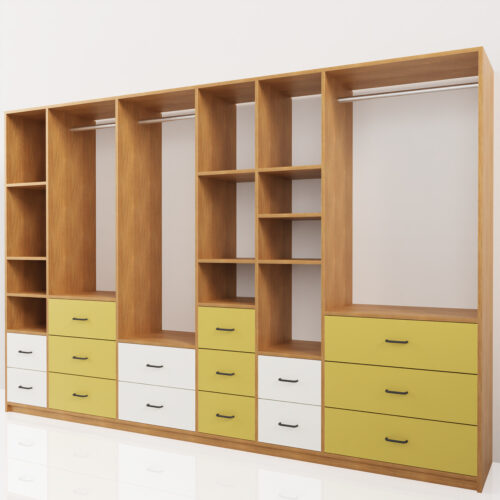 Grand dressing ouvert, couleur bois et jaune<br> 300x45x200cm - Tikideco