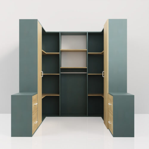 Dressing bleu et bois, forme U <br> 176x156x180,5cm - Tikideco