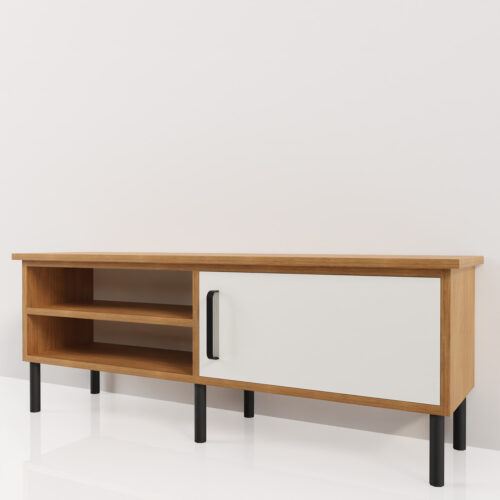 Meuble bas entrée, bois et blanc <br> 122,7x30x30cm - Tikideco