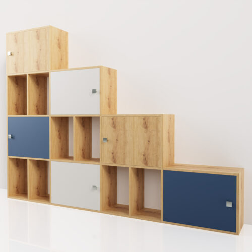 Meuble sous escalier grande longueur, bois clair, blanc et une touche de bleu<br> 249.31x30x186.2cm - Tikideco