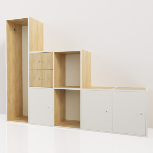 Petit meuble sous escalier, bois clair et blanc<br> 200x40x154.30cm - Tikimob