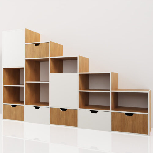 Meuble sous escalier, bois clair et blanc<br> 280x50x180cm - Tikideco