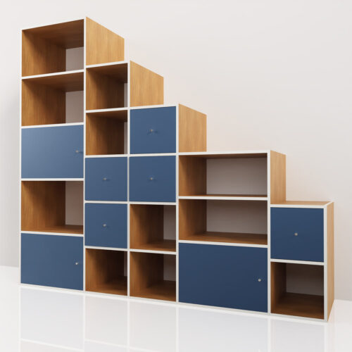 Meuble sous escalier, couleur bois, bleu et blanc<br> 249,28x60x220.49cm - Tikideco