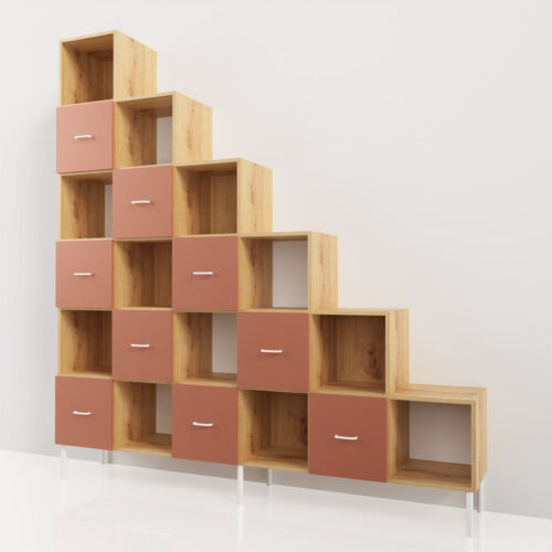 Meuble sous escalier, bois naturel et terracotta<br> 230,85x40x230.85cm - Tikideco