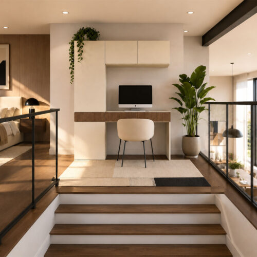 Neris signe un espace de travail épuré, parfaitement intégré, pensé comme une véritable pièce de design