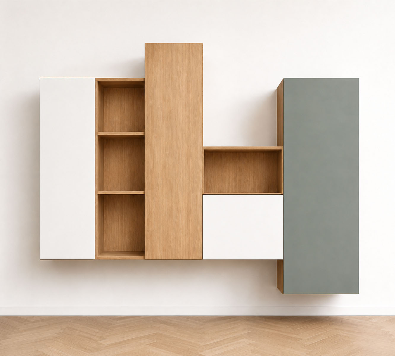 Ella, une composition murale contemporaine qui joue avec les volumes pour allier rangement, exposition et légèreté – Image 2