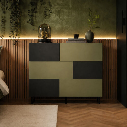 Zanaé, une commode où les lignes décalées créent un rythme graphique audacieux dans la chambre
