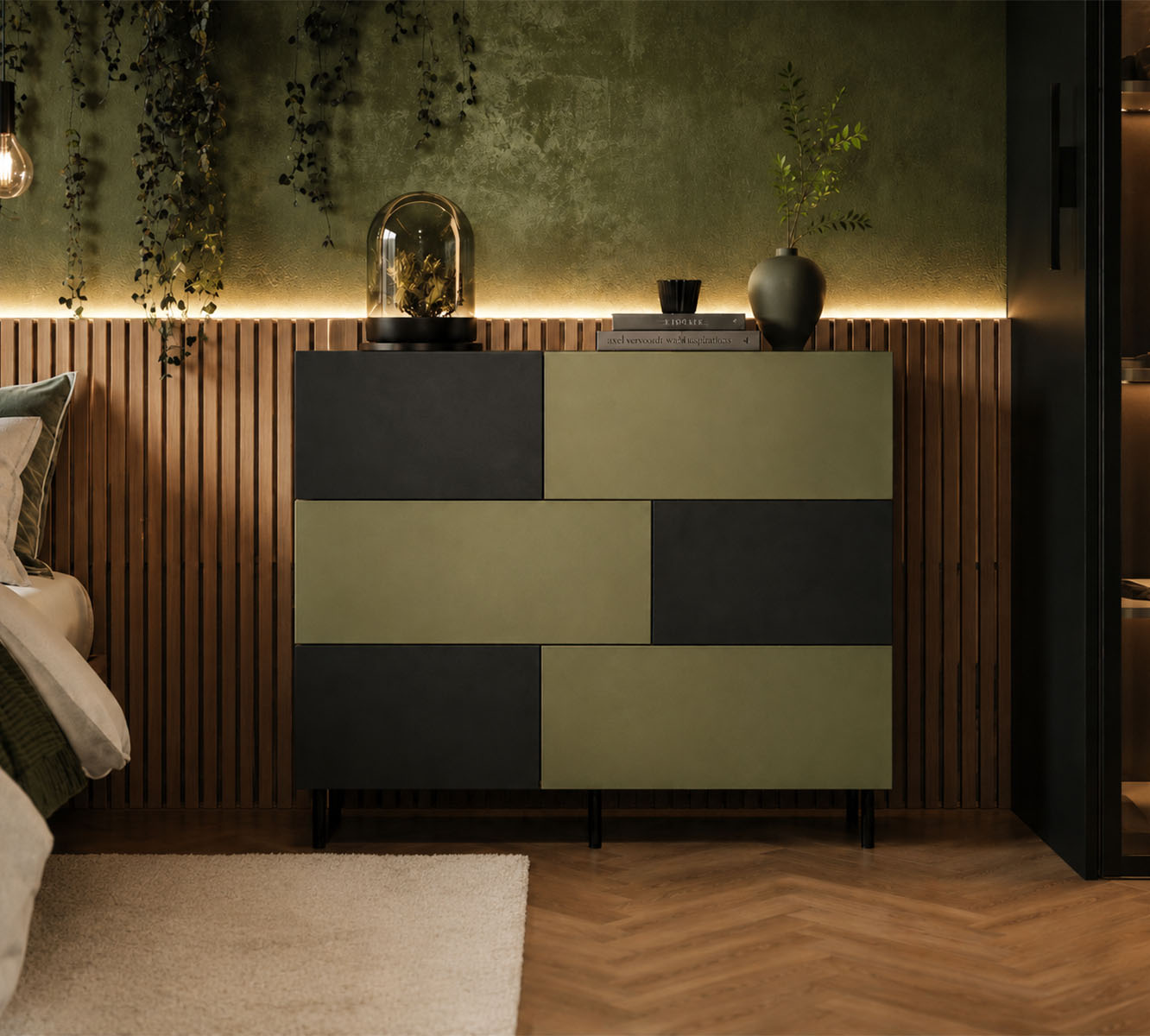Zanaé, une commode où les lignes décalées créent un rythme graphique audacieux dans la chambre