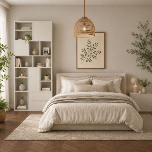 Nysa, une ligne de rangement sculptée, où les volumes pleins et ouverts composent une chambre avec subtilité