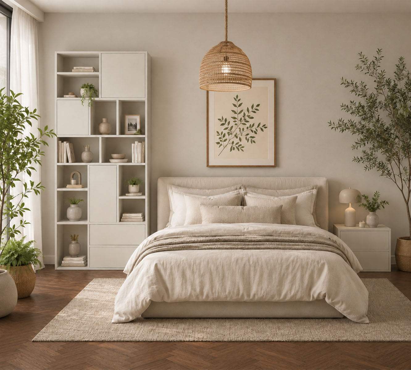 Nysa, une ligne de rangement sculptée, où les volumes pleins et ouverts composent une chambre avec subtilité